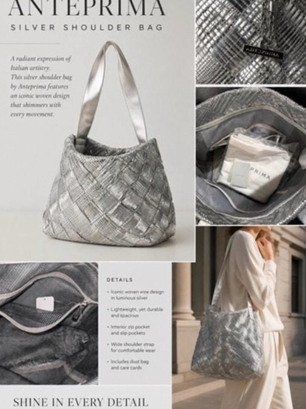 Anteprima Silver Metallic Hobo Shoulder Bag Designer with Dustbag Included